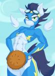 2018 abs anthro anthrofied blue_body blue_feathers blue_hair clothing convenient_censorship dessert digital_media_(artwork) equid equine eyewear feathered_wings feathers food friendship_is_magic goggles green_eyes hair hasbro jrvanesbroek looking_at_viewer male mammal multicolored_hair muscular muscular_anthro muscular_male my_little_pony mythological_creature mythological_equine mythology pastry pegasus pie skinsuit soarin_(mlp) solo standing tight_clothing two_tone_hair wings wonderbolts_(mlp)