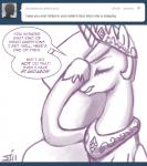 ask_blog crown dialogue embarrassed english_text equid equine eyes_closed facepalm fan_character feathered_wings feathers female feral friendship_is_magic hasbro headgear horn john_joseco mammal monochrome my_little_pony mythological_creature mythological_equine mythology princess princess_celestia_(mlp) princess_molestia royalty solo text tumblr winged_unicorn wings