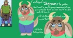 anthro beard big_ears bovid bovine brown_hair cattle clothing clothing_around_waist coldgemini duo english_text eyewear facial_hair fangs glasses goatee goblin green_clothing hair hi_res hoodie hooves horn male mammal scarf seran_(twinkieguy) shane_frost short slightly_chubby slightly_chubby_male teeth text thick_thighs topwear