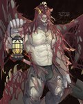 4:5 absurd_res anthro belt biped bottomwear bulge capcom clothed clothing detailed_bulge elder_dragon english_text genital_outline greninjazz hi_res holding_lantern lamp lantern male membrane_(anatomy) membranous_wings monster monster_hunter multi_eye muscular muscular_anthro muscular_male open_belt pants partially_clothed pecs penis_outline scalie shirtless shovel solo spiked_tail spikes spikes_(anatomy) tail text tools torn_bottomwear torn_clothing torn_pants underwear vaal_hazak wings yellow_eyes