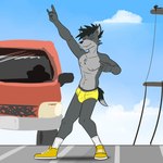 1:1 anthro black_hair briefs canid canine car clothed clothing dancing eyes_closed footwear fox fox_frat_dude_(fuze) fur fuze grey_body grey_fur hair hi_res male mammal navel nipples outside pantsless pantsless_anthro pantsless_male public shoes smile socks solo street teeth_showing topless underwear vehicle white_clothing white_footwear white_socks yellow_briefs yellow_clothing yellow_footwear yellow_shoes yellow_underwear