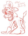 absurd_res bovid bovine breasts butt cattle clothing covering covering_breasts cowboy_hat cowgirl_outfit cuphead_(game) esther_winchester_(cuphead) eyelashes female gloves handwear hat headgear headwear hi_res mammal open_mouth raised_tail rear_view sketch solo tail text thick_thighs wastedtimeee wide_hips