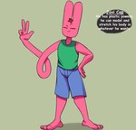 3_toes 4_fingers anthro bottomwear clothing elastic english_text eyes_closed feet fingers hair hi_res jovi_cap jovi_cap_(oc) lagomorph leporid male mammal model_sheet pink_body rabbit red_hair shirt shorts solo text toes topwear