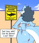 anthro back-tie_bikini back-tie_clothing back-tie_swimwear bikini bikini_thong blue_body blue_hair breasts clothed clothing english_text female fin fish hair hands_on_hips head_fin hi_res marine non-mammal_breasts shark shark_tail side-tie_bikini side-tie_clothing side-tie_swimwear sign solo string_bikini swimwear tail text that_sign_wont_stop_me thick_tail tianiseul two-piece_swimsuit white_body