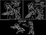 animatedjames anthro archived_source black_and_white bottomwear canid canine clothing comic dialogue duo english_text female fluffy fluffy_tail fox gun hair human humor macy mammal monochrome nova_(animatedjames) ranged_weapon running shorts simple_background speech_bubble tail text weapon