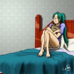 1:1 2009 amara_burrger bed blush bottomless breasts cave_story clothed clothing digital_media_(artwork) eyes_closed female furniture green_hair hair human jewelry lagomorph leporid long_hair mammal mimiga necklace on_bed panties picture_frame pillow rabbit shaded solo species_transformation sue_sakamoto transformation underwear