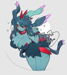 2024 ancient_pokemon big_breasts blush breasts clothed clothing english_text female flutter_mane generation_9_pokemon gesture hand_gesture heart_symbol hi_res looking_at_viewer nintendo paradox_pokemon pokemon pokemon_(species) solo text togetoge v_sign