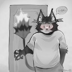 1:1 2024 anthro artist_name black_nose blush catatex_69 clothing comic demon dialogue digital_media_(artwork) door english_text felid feline flustered greyscale hazbin_hotel hi_res husk_(hazbin_hotel) looking_at_object male mammal monochrome shirt solo t-shirt text topwear