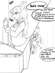 3:4 anthro bottomwear canid canine clothed clothing collared_shirt comic dialogue ears_down english_text female hair hi_res inner_ear_fluff kemono mammal monochrome necktie open_mouth pivoted_ears raised_bottomwear raised_clothing raised_skirt raised_tail rapel school_uniform shocked sketch skirt solo speech_bubble standing student tail text tuft uniform voyeur