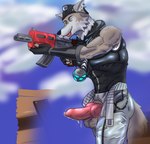 abs absurd_res animal_genitalia animal_penis anthro balls biceps big_butt blep bodily_fluids bottomwear brown_body brown_fur butt canid canine canine_genitalia canine_penis canis clothed clothing cloud digital_media_(artwork) ear_piercing ear_ring epic_games erection fingerless_gloves fortnite fur genital_fluids genitals gloves gun handwear headgear hi_res knot male mammal muscular muscular_anthro muscular_male pants penile penis piercing precum pubes ranged_weapon ring_piercing simple_background sky smile solo tail tongue tongue_out topwear weapon wendell_(fortnite) white_body white_fur wolf zachsroom