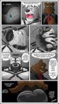 anthro anthro_on_anthro balls bdsm bear black_border bondage border bound bulge comic dialogue dominant dominant_male duo english_text frostbite_(rubberbuns) gag genitals hi_res inside latex male male/male mammal master_buns muscular muscular_male pecs polar_bear rubberbuns speech_bubble submissive submissive_male text ursine