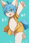 2022 3_toes 4_fingers absurd_res ambiguous_fluids anthro belly_tuft black_nose blue_eyes blue_hair blue_tail blush blush_lines bottomless canid canine cheek_tuft clothed clothing crotch_tuft cute_fangs digital_media_(artwork) exposed_chest facial_tuft feet fingers fox fur glistening glistening_eyes hair hi_res japanese_text kemono looking_at_viewer male mammal naegi navel navel_tuft nipples one_calf_up open_mouth pawpads pink_inner_ear pink_pawpads portrait pose pupils raincoat_only raised_arm solo tail teru_(naegi) text three-quarter_portrait three-quarter_view toes translated triangle_nose tuft white_body white_ears white_fur yellow_raincoat young young_anthro