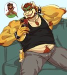 anthro arm_tuft armpit_hair barazoku beard belly biceps black_clothing black_shirt black_tank_top black_topwear blue_background blush body_hair bottomwear bowser bowser_day bracelet bullet_bill cellphone chest_hair chest_tuft clothed clothing deltoids drawstring duo electronics eyewear facial_hair forearm_muscles furniture glasses green_clothing green_shirt green_topwear hair hand_on_head happy_trail heart_symbol hearts_around_head hi_res horn human inside jewelry koopa looking_at_smartphone luigi male male/male mammal manly mario_bros musclegut muscular navel nintendo on_sofa pants pecs phone pubes red_hair romantic romantic_couple scalie shirt shoulder_tuft simple_background sitting smartphone smile sofa speech_bubble spiked_bracelet spikes sweatpants talking_to_another tank_top tongue topwear triceps tuft wetghost