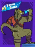 absurd_res anthro butt clothing digital_media_(artwork) dragon empty_eyes epic_games fortnite green_body green_scales hi_res hybrid_(fortnite) male mostly_nude mythological_creature mythological_scalie mythology rear_view scales scalie sharp_teeth smile solo teeth text torn_clothing trash7129 wingless_dragon yellow_eyes