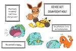 absurd_res ambiguous_fluids ambiguous_gender bulbasaur charmander colored dialogue doodlelot drinking drinking_straw dumbbell eevee english_text fire flaming_tail generation_1_pokemon group hi_res holding_breath narration nintendo pikachu plant pokemon pokemon_(species) poking pop_cat tail text vines weights