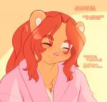 ambar anthro bear biped brown_body brown_fur chalo clothing eyebrows eyes_closed facial_markings female fur hair happy head_markings las_lindas long_hair mammal markings orange_background pink_nose red_eyebrows red_hair simple_background singing smile solo