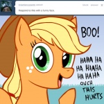 1:1 applejack_(mlp) ask_jappleack blonde_hair clothing cowboy_hat dialogue earth_pony english_text equid equine female feral freckles friendship_is_magic green_eyes hair hasbro hat headgear headwear horse hotdiggedydemon mammal my_little_pony pony ponytail solo text tumblr