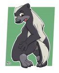 2018 3_toes 4_fingers anthro anus badger butt claws disney feet female fingers fur genitals grey_body grey_fur hi_res honey_badger kneeling looking_back madge_honey_badger mammal mustelid musteline noodlestoat paws presenting presenting_hindquarters pussy raised_tail rear_view short_stack signature simple_background solo tail tail_anus toes zootopia