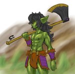 abs axe barbarian belt bottomwear bulge clothing eyelashes glistening glistening_body goblin green_body hair hi_res loincloth long_hair male messy_hair muscular nipples pecs serth shirtless solo yellow_sclera