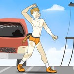 1:1 anthro blonde_hair briefs clothed clothing dancing equid equine eyes_closed footwear fuze grey_shoelaces grey_soles hair hi_res horse horse_frat_dude_(fuze) male mammal navel nipples open_mouth orange_briefs orange_clothing orange_footwear orange_shoes orange_underwear outside pantsless pantsless_anthro pantsless_male public shoelaces shoes smile socks solo street teeth_showing topless underwear white_clothing white_footwear white_socks