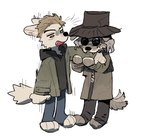 2024 alternate_species anthro arm_bite axian6777 bandage bite biting_another biting_arm black_nose blonde_hair bottomwear canid canine canis capcom chibi clothed clothed_anthro clothed_male clothing digital_drawing_(artwork) digital_media_(artwork) domestic_dog duo ears_back ethan_winters eyewear facial_hair facial_scar fangs fur furrification glasses grey_body grey_fur grey_hair hair hat headgear headwear hi_res jacket karl_heisenberg light_body light_fur male male/male male_anthro mammal open_mouth pants pivoted_ears resident_evil round_glasses scar simple_background tail tail_motion tailwag teeth topwear wearing_glasses white_background