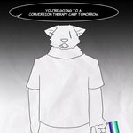 1:1 2024 anthro biped canid canine canis clothing eyeless fangs fenrirwolfen fur hi_res homophobia lgbt_pride male mammal pride_colors shirt solo standing teeth topwear vent_art vincian_pride_colors white_body white_fur wolf