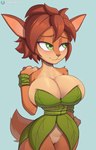 2023 activision anthro biped blue_background blush breasts brown_hair cleavage clothed clothing cooliehigh elora faun_(spyro) female genitals green_eyes hair hi_res orange_body pussy simple_background solo spyro_the_dragon