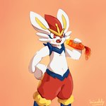 1:1 2019 absurd_res anthro big_ears carrot cinderace digital_media_(artwork) eating fluffy fluffy_tail food fur generation_8_pokemon hi_res male nintendo orange_body orange_fur plant pokemon pokemon_(species) red_eyes simple_background solo tail vegetable waddledox white_body white_fur yellow_body yellow_fur