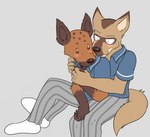 2019 anthro anthro_on_anthro beastars biped black_nose blue_clothing blue_shirt blue_topwear blush bottomwear brown_body brown_claws brown_fur brown_nose canid canine canis claws clothed clothing countershade_fur countershade_torso countershading coyote cuddling duo durham_(beastars) finger_claws fluffy fluffy_tail footwear fully_clothed fully_clothed_anthro fully_clothed_male fur gloves_(marking) grey_background grey_bottomwear grey_clothing grey_pants hi_res hyena interspecies male male/male mammal markings miguno_(beastars) nuzzling on_lap pants pattern_bottomwear pattern_clothing pattern_pants reverse_countershading school_uniform shirt simple_background sitting sitting_on_lap smile socks spots spotted_body spotted_fur spotted_hyena striped_bottomwear striped_clothing striped_pants stripes tail tan_body tan_fur tongue tongue_out topwear twiggyboyo uniform white_clothing white_footwear white_socks