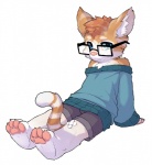 4_toes anthro bandage biped blue_eyes child clothing digital_media_(artwork) eyewear feet felid fur glasses hindpaw looking_at_viewer male mammal orange_body orange_fur pawpads paws seth-iova simple_background sitting soles solo tail toes white_background young young_anthro young_male