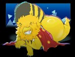 2024 absurd_res anthro big_butt blush bottomless butt clothed clothing facial_scar felid feline fur hi_res lying male mammal mane nekomamushi on_front one_piece overweight overweight_male satsui-n0-had0u scar solo stripes tusks yellow_body yellow_fur