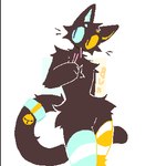 2023 anthro bell_on_tail black_body black_fur bunonthemoon color_contrast fur leg_warmers_only low_res male mostly_nude_anthro mostly_nude_male pocky_in_mouth slim_anthro slim_male solo