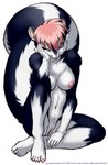 2000 anthro biped breasts chest_tuft colored_nails dr_comet feet female fluffy fluffy_tail fur genitals hair hi_res looking_at_viewer mammal mephitid nails navel nipples nude one_eye_closed pink_eyes pink_hair pussy red_eyes short_hair simple_background sitting skunk solo striped_skunk tail toes tongue tongue_out tuft white_background white_body white_fur