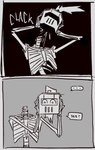 ambiguous_gender animated_skeleton armor bone border comic comic_panel detachable detachable_head dialogue digital_drawing_(artwork) digital_media_(artwork) ellipsis front_view grey_border greyscale headgear headgear_only helmet helmet_only hi_res holding_head line_art looking_at_viewer monochrome mysterious_druid_knight new_blood_interactive skeleton solo sound_effects speech_bubble ultrakill undead volatilemask