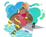 accessory anthro beverage big_breasts bikini breasts brown_body brown_fur casey_quartz clothing eyewear female flower flower_in_hair food fruit fur glasses hair hair_accessory heart_glasses heart_sunglasses hi_res lemon mammal markings mustelid otter pink_hair plant pool poolside shindekitty solo swimwear tail thick_tail thick_thighs tongue tongue_out two-piece_swimsuit water yellow_eyes yellow_markings yellow_tongue