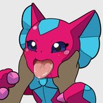 anthro bandai_namco blue_eyes blush bodily_fluids bow_tie dantamer digimon digimon_(species) elizamon face_squish frill_(anatomy) human mammal membrane_(anatomy) membranous_frill mouth_shot open_mouth pink_body saliva squish suggestive_look tongue tongue_out