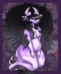 2017 5:6 absurd_res anthro belly big_belly black_hair bovid bovine brown_eyes cattle dated female floral_background glistening glistening_eyes gradient_hair grey_hair hair hi_res horn kneeling long_hair looking_at_viewer mammal markings navel nude overweight overweight_anthro overweight_female purple_body purple_horn signature solo striped_inner_ear striped_markings striped_tail stripes tail tail_markings tiggybloom wide_hipped_anthro wide_hipped_female