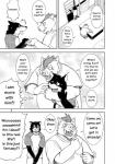 anthro canid canine canis clothed clothing comic dialogue digital_media_(artwork) english_text hand_holding hi_res inose_(kumagaya_shin) kumagaya_shin kuro_(kumagaya_shin) lol_comments male male/male mammal monochrome reversible simple_background suid suina sus_(pig) text wild_boar wolf