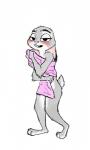 anthro blush buckteeth dipstick_ears disney ear_markings ears_down female fur grey_body grey_fur judy_hopps lagomorph leporid mammal multicolored_ears numbro pivoted_ears rabbit scut_tail short_tail simple_background solo standing tail teeth towel towel_only white_background zootopia