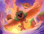 2017 ambiguous_gender beak day decidueye digital_media_(artwork) eyes_closed feathered_wings feathers feet feral flavia-elric flygon generation_3_pokemon generation_7_pokemon grass group hi_res mouth_closed nails nintendo outside plant pokemon pokemon_(species) rowlet sky sun sunset talons toes trio water waterfall wave white_sclera wings