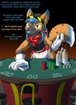 anthro blue_hair canid canine catmonkshiro clean_diaper clothed clothing diaper english_text fox fur hair hi_res hybrid hyena hyox laxative looking_at_viewer male mammal markings pantsless poker poker_chip poker_table smile smug solo spots spotted_body spotted_fur text tokky