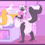 anthro balled_up_diaper breasts bubblegum_(bubblepuppers) bubblepuppers changing_table clothing dialogue diaper diaper_change domestic_cat duo english_text feces felid feline felis female footwear hi_res holding_diaper holding_used_diaper letterbox lying mammal mephitid on_back pawpads shirt skunk skunky socks soiling solo_focus speech_bubble standing t-shirt talking_to_another text topwear touching_diaper unclean_diaper used_diaper