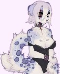 2021 alternative_fashion anthro arm_tuft blood blood_on_face blood_on_neck blue_body blue_fur bodily_fluids breasts brown_eyes clothing collar ear_piercing ear_ring elbow_tuft facial_piercing felid female frilly frilly_clothing fur gauged_ear gauged_septum goth hair hi_res lip_piercing mammal medium_breasts multicolored_body multicolored_fur neck_tuft nose_piercing pantherine piercing pink_background portrait ring_piercing septum_piercing short_hair simple_background snakebite_piercing snow_leopard solo spiked_collar spiked_wristband spikes standing tail tail_tuft tametama tan_body tan_breasts tan_fur tan_hair tan_tail three-quarter_portrait tuft