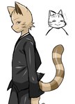 aged_down anthro black_clothing black_suit clothing domestic_cat enigi09 felid feline felis happy hi_res kainushi-san looking_at_viewer male mammal side_view simple_background solo suit tail whiskers white_background