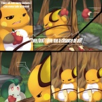 1:1 2010 apple brown_eyes chikorita colored comic conditional_dnp day detailed_background dialogue duo english_text female food fruit generation_1_pokemon generation_2_pokemon insomniacovrlrd male mammal nintendo outside plant pokemon pokemon_(species) raichu red_eyes rodent text