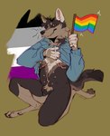 andromorph animal_genitalia animal_pussy anthro asexual_pride_colors canid canine canine_genitalia canine_pussy canis domestic_dog genitals hi_res hybrid intersex lgbt_pride mammal mastectomy_scar pride_colors pussy rainbow_pride_colors scar smile solo trans_(lore) trans_man_(lore) wirepup wolfdog