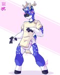 2021 4:5 anthro antlers artem_(deer) blue_body blue_fur blush clean_diaper clothed clothing deer diaper diaper_under_clothing diaper_under_onesie embarrassed fur grey_body grey_fur hi_res hooves horn lilchu male mammal new_world_deer onesie open_onesie pink_background simple_background solo standing wearing_diaper wetness_indicator white-tailed_deer white_background white_body white_fur