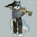 absurd_res animal_mask anthro beak_mask black_nose blue_body blue_fur brown_eyes canid canine canis clothed clothing domestic_dog escape_from_tarkov fur gun hemlock_(nekopumpkin) hi_res hoodie husky looking_away male mammal mask nekopumpkin nordic_sled_dog ranged_weapon solo spitz topwear weapon white_body white_fur