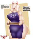 anthro apron apron_only big_breasts big_butt boss_monster_(undertale) bovid breasts butt caprine clothing dialogue female fur goat hi_res holding_object horn mammal mature_anthro mature_female nipple_outline open_mouth red_eyes simple_background slightly_chubby slightly_chubby_anthro slightly_chubby_female sokoyo_owo solo speech_bubble text thick_thighs toriel undertale undertale_(series) white_body white_fur