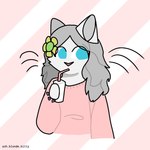 accessory anthro ashblondekittyy beverage blue_eyes clothing container cup domestic_cat drinking drinking_straw felid feline felis female flower flower_in_hair fur grey_hair hair hair_accessory looking_away mammal milkshake pink_clothing pink_sweater pink_topwear plant solo sweater topwear trans_(lore) trans_woman_(lore) whiskers white_body white_fur yellow_flower yuna_(ashblondekitty)